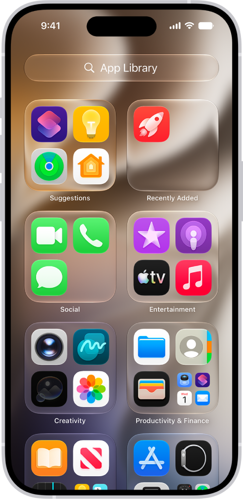 App Library on iPhone showing the apps organized by category (Utilities, Social, Entertainment, and so on).