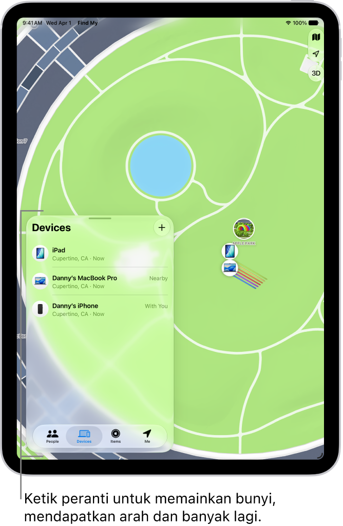 Skrin Cari terbuka pada senarai Peranti. Peranti yang disenaraikan termasuk iPad Danny, iPhone Danny, Apple Watch Danny dan AirPods Pro Danny. Lokasi mereka ditunjukkan pada peta berdekatan Santa Cruz.