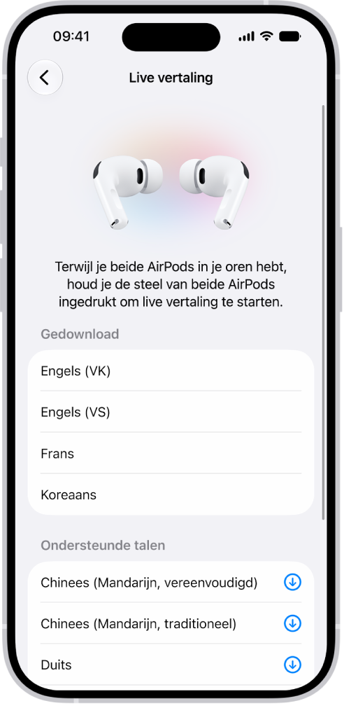 Het scherm 'Talen' in de vertaalinstellingen voor AirPods met een lijst met gedownloade en ondersteunde talen.