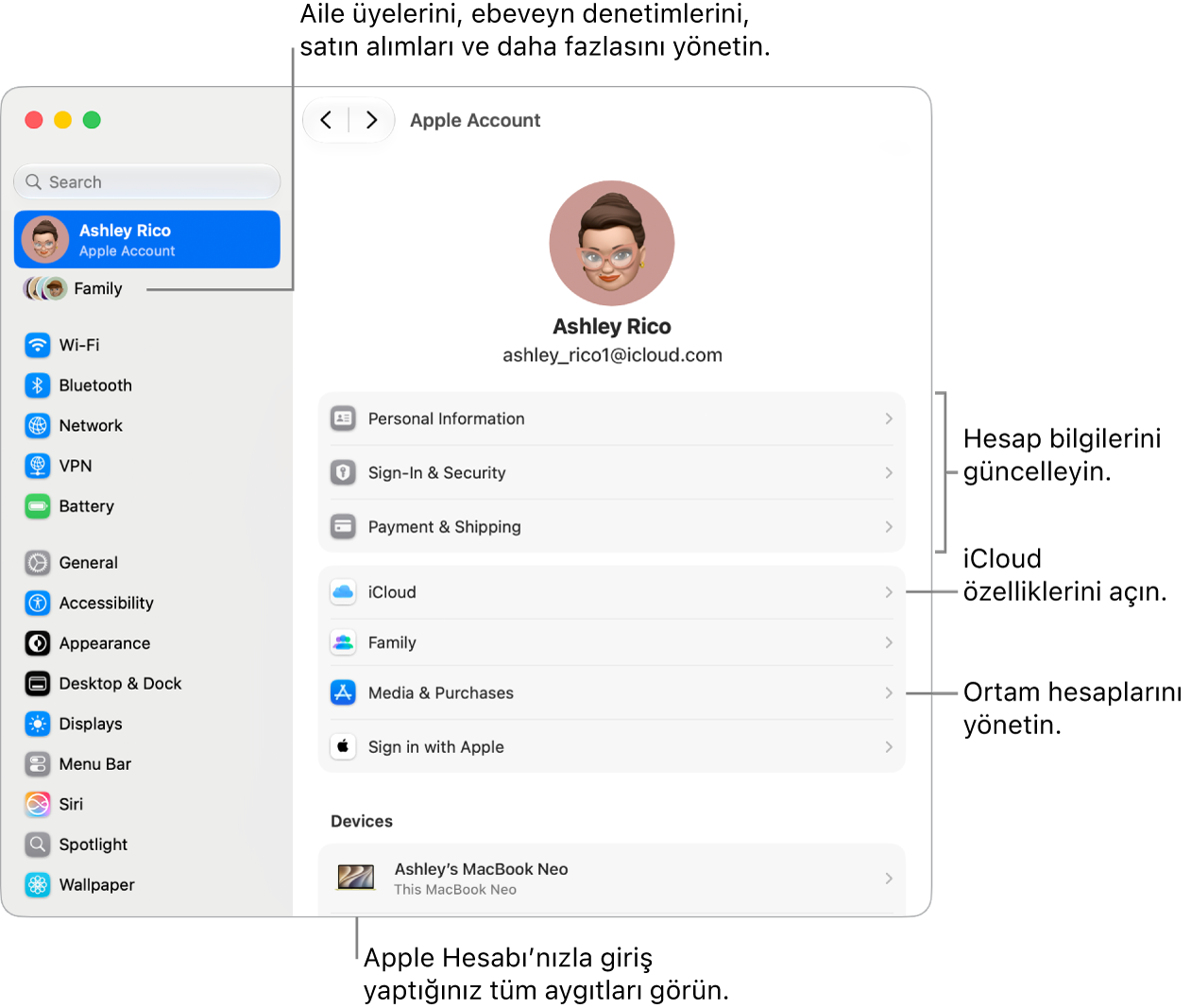 Hesap bilgilerini güncellemeye, iCloud özelliklerini açıp kapatmaya, ortam hesaplarını yönetmeye ve aile üyelerini, ebeveyn denetimlerini, satın alımları ve daha fazlasını yönetebileceğiniz Aile ayarlarını düzenlemeye belirtme çizgileri ile Sistem Ayarları’nda Apple Hesabı ayarları.