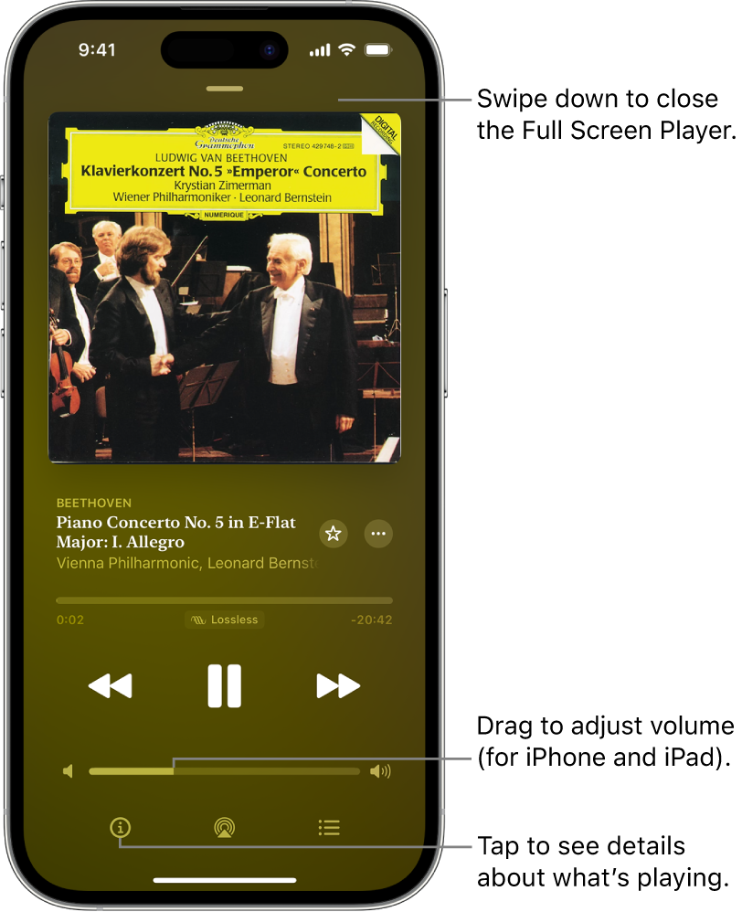 An iPhone showing the Now Playing screen in Apple Music Classical. At the top of the screen is a gray bar that you tap to hide the Now Playing screen and switch back to the MiniPlayer. Beneath the bar is album art, the name of the work, and the timeline, which shows the length of the track and how much time has elapsed. In the lower part of the screen are the Skip Backward, Pause, and Skip Forward buttons, the volume control, and the Info, AirPlay, and Playing Next buttons.