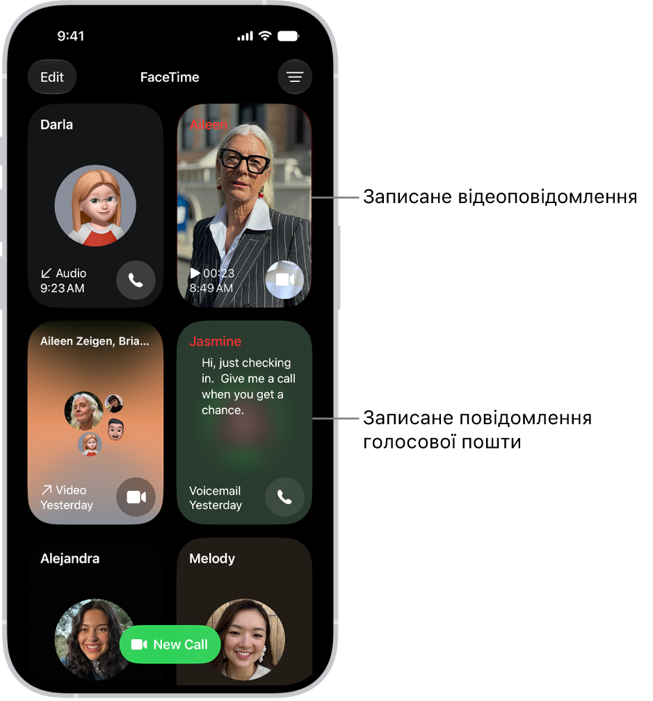 Історія викликів FaceTime, у якій показано пропонований контакт, записане відеоповідомлення, голосове повідомлення та груповий відеовиклик у FaceTime.