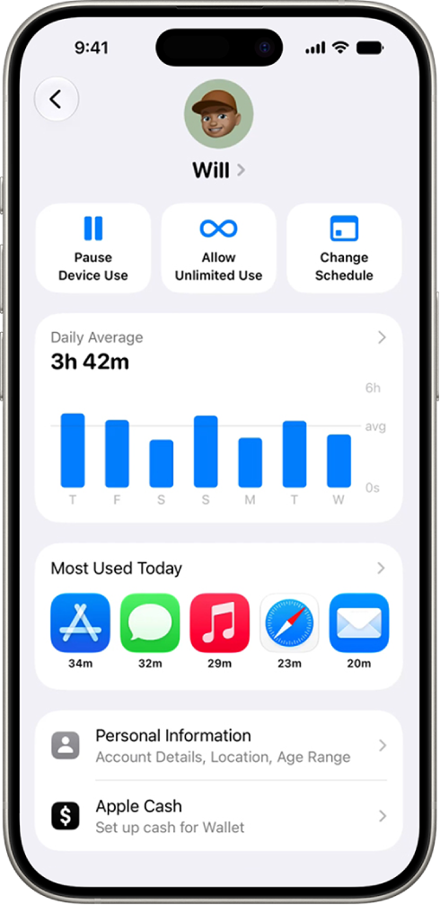 A child's Screen Time setting pane showing quick actions to pause device time, allow unlimited time, and change schedule.