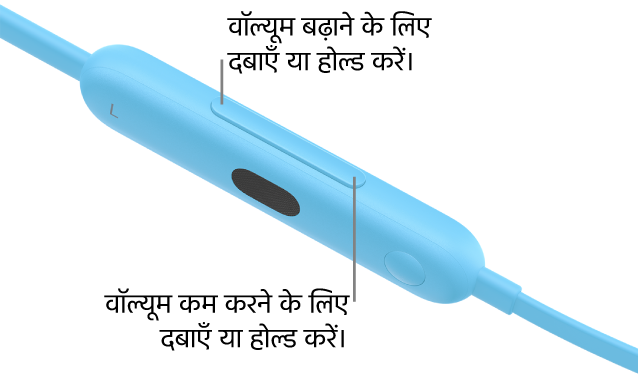 वॉल्यूम बटन दिखाते हुए Beats&nbsp;Flex बाएँ कंट्रोल मॉड्यूल की इमेज।