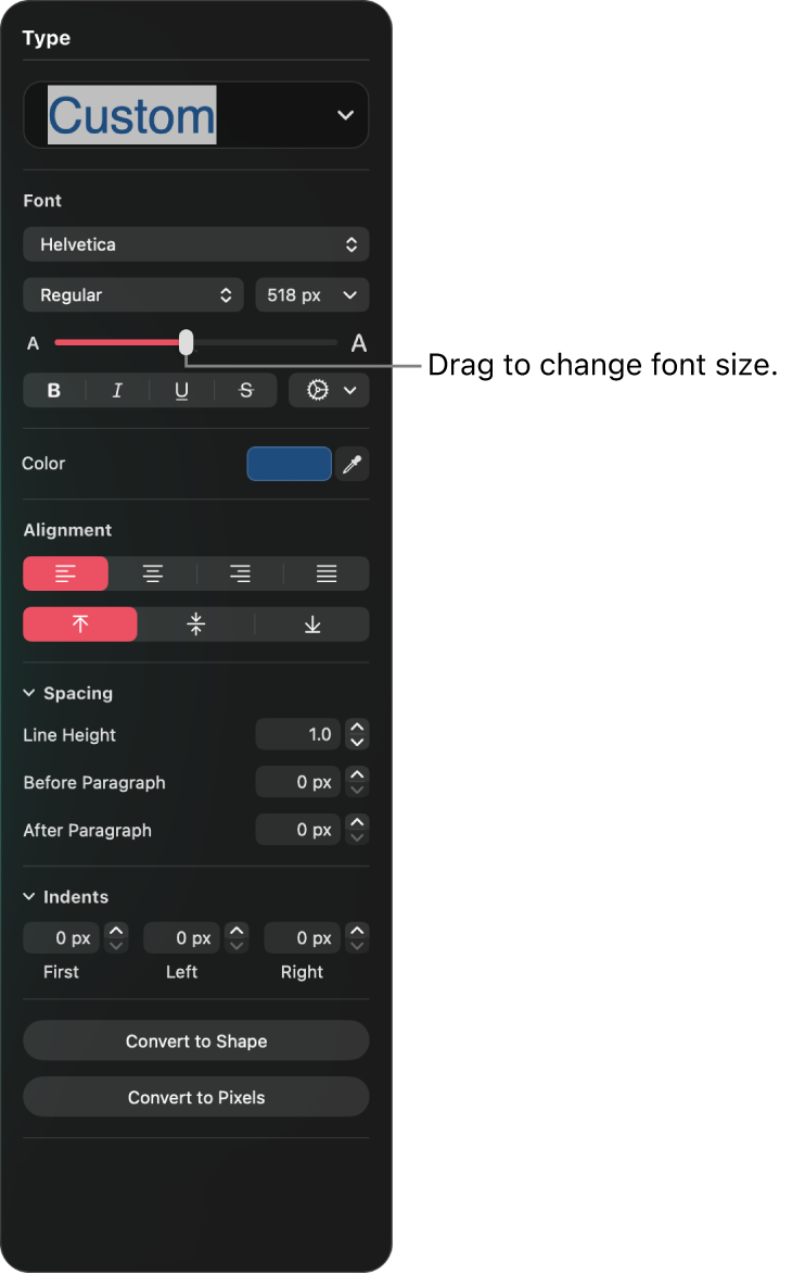 The Type pane showing a slider to increase Type size