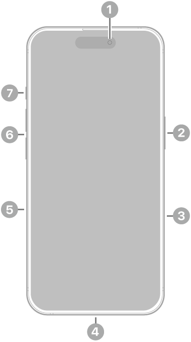Vorderansicht des iPhone 16 Pro. Oben in der Mitte befindet sich die Frontkamera. Die Seitentaste und die Kamerasteuerung befinden sich auf der rechten Seite. An der Unterseite befindet sich der USB-C-Anschluss. An der linken Seite von unten nach oben befinden sich das SIM-Fach, die Lautstärketasten und die Aktionstaste.