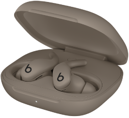 礫石灰色 Powerbeats&nbsp;Fit 入耳式耳機和充電盒。