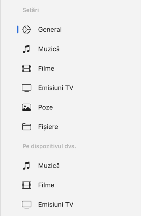 Bara laterală afișând butonul General și butoane pentru conținut, precum muzică, filme, emisiuni TV și altele.