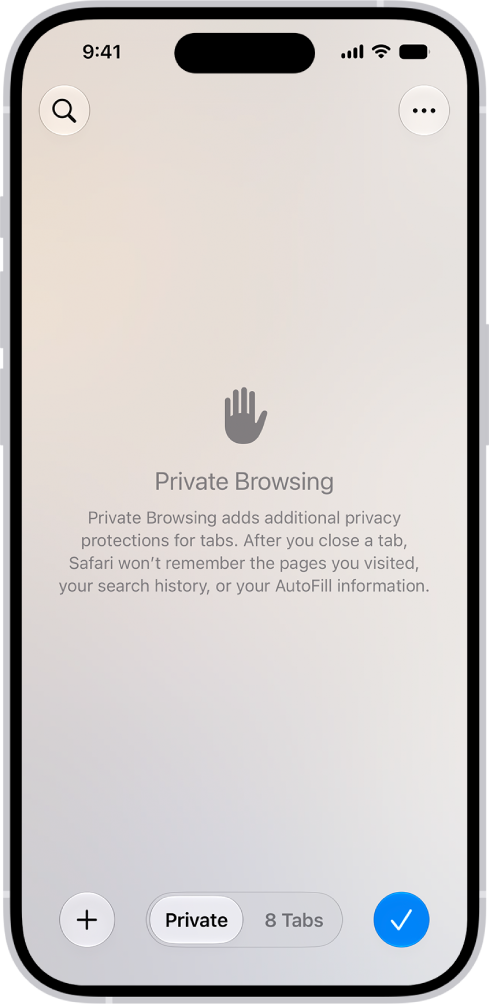 A Private Browsing screen in the Safari app. The word Private appears in the field at the bottom of the screen.