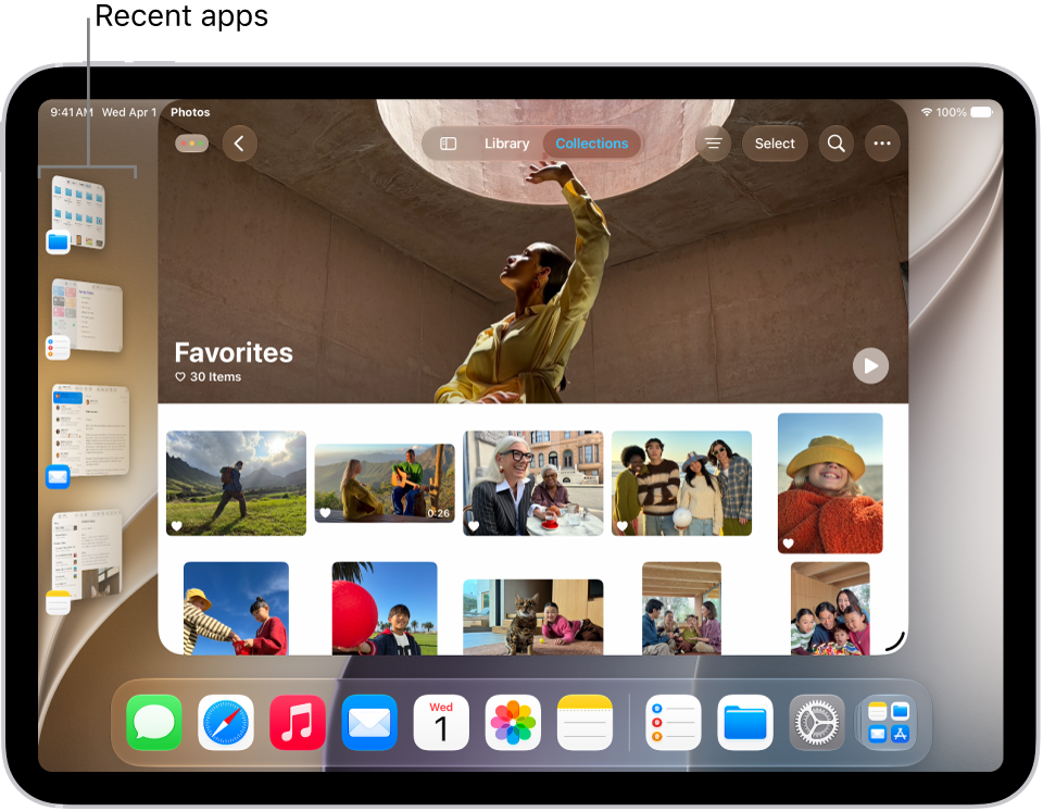 An iPad display with Stage Manager turned on. The current window is in the front, and other recent apps are in a list on the left side of the screen.