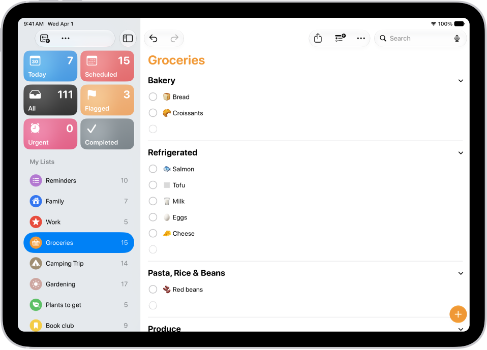 The Reminders app, showing a grocery list with items in categories such as Produce and Seafood.